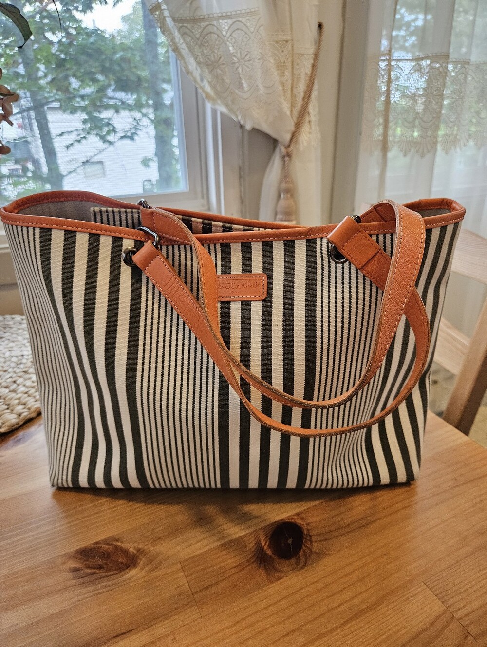 LONGCHAMP Stripe Tote Bag Orange Green